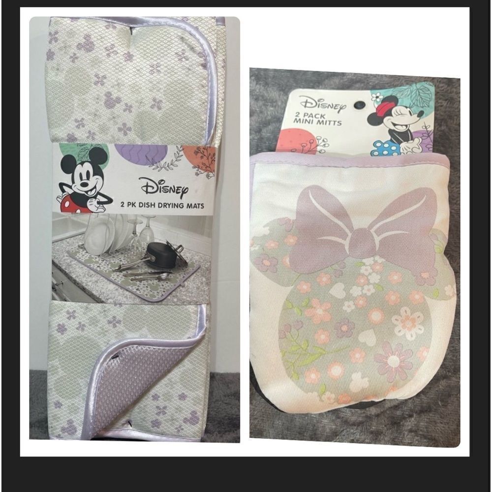 Disney Mickey and Minnie Mouse Kitchen Dish Drying Mat and Mini Mitts NWT